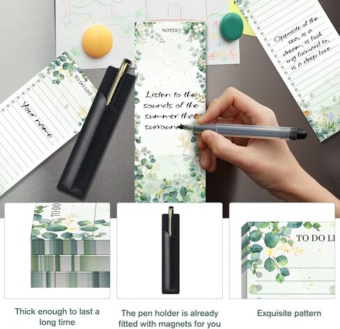 Epakh 3 Sets Magnetic Notepad List Pads Magnet Grocery Refrigerator Notepad List Pad Memo with PU Leather Pen Holder 3 x 7.9 Inch(Eucalyptus Leaf) in Kuwait