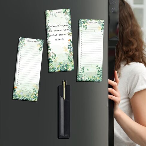 Epakh 3 Sets Magnetic Notepad List Pads Magnet Grocery Refrigerator Notepad List Pad Memo with PU Leather Pen Holder 3 x 7.9 Inch(Eucalyptus Leaf) in Kuwait