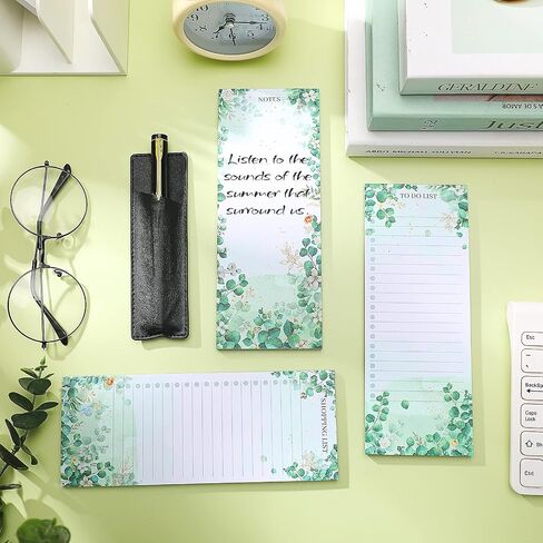 Epakh 3 Sets Magnetic Notepad List Pads Magnet Grocery Refrigerator Notepad List Pad Memo with PU Leather Pen Holder 3 x 7.9 Inch(Eucalyptus Leaf) in Kuwait