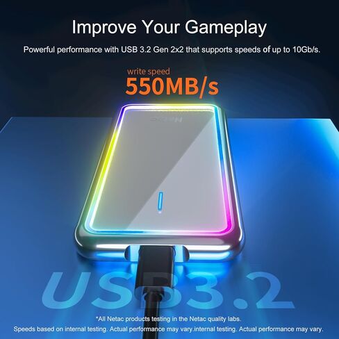 Netac 500GB Portable SSD with RGB LED lighting USB 3.2 Gen 2 (10 Gbps, Type-C) External Solid State Drive Backup Slim Drive for File Storage/Business Travel Essential, Rapid Read & Write Low Noise, ZR in Kuwait