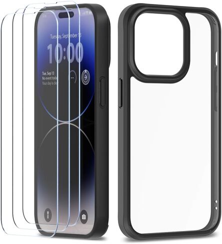 واقي شاشة لهاتف iPhone 14 Pro Max [حزمة ممتازة] [تم اختبار السقوط من الدرجة العسكرية] [غير ممتص للصدمات] - جراب شفاف/أسود + 3 قطع من الزجاج المقسى (2022/6.7 بوصة) in Kuwait