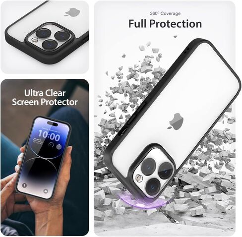 واقي شاشة لهاتف iPhone 14 Pro Max [حزمة ممتازة] [تم اختبار السقوط من الدرجة العسكرية] [غير ممتص للصدمات] - جراب شفاف/أسود + 3 قطع من الزجاج المقسى (2022/6.7 بوصة) in Kuwait