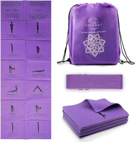 Foldable Yoga Mat for Women, Non Slip Exercise Mat for Home Gym, Travel Yoga Set With Stretch Strap for Yoga Pilates and Fitness in Saudi Arabia