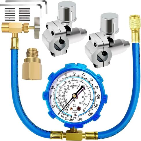 مجموعة خرطوم إعادة شحن فريون الثلاجة - R134a R12 R22 مجموعة أدوات إعادة شحن الثلاجة مع 2 صمامات حنفية ثقب الرصاص BPV31، ومحول ذاتي الغلق R134a، لإعادة تعبئة مبرد الثلاجة (النمط الأبيض 1) in Saudi Arabia
