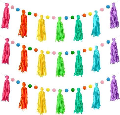 3 Pcs Colorful Rainbow Boho Tassel Garland Pom Pom Classroom Banner Decorative Wall for Thanksgiving Christmas Baby Show Birthday Party Bedroom Kids Nursery Decor Photography Prop in Kuwait
