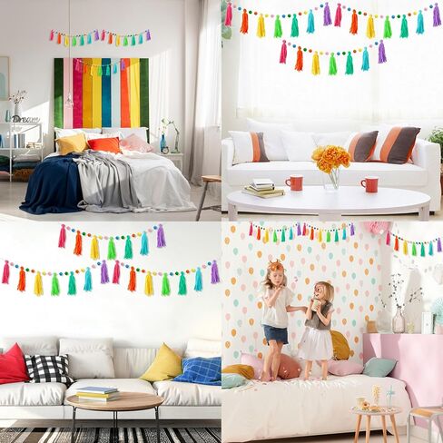 3 Pcs Colorful Rainbow Boho Tassel Garland Pom Pom Classroom Banner Decorative Wall for Thanksgiving Christmas Baby Show Birthday Party Bedroom Kids Nursery Decor Photography Prop in Kuwait
