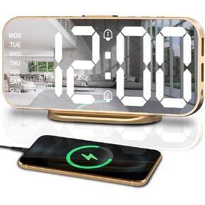Alarm Clocks for Bedrooms, Slim LED Mirror Digital Alarm Clock, Large Display with Diming Mode, Dual Alarms & USB Ports, 4 Levels Brightness, Desk Clock for Office Home Bedroom Living Room Decor