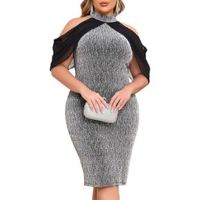 ZOMVA Plus Size Sparkly Party Dress Bodycon Halter Neck with Cape Cocktail Glitter Formal Club Night Out