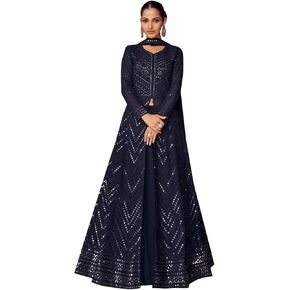 TRENDMALLS Women's Georgette Embroidery Anarklai Suit Set Kurta Lehenga with Dupatta Blue Kurta Set for Women
