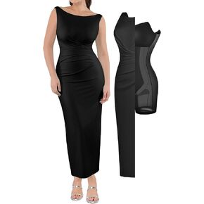 Popilush Formal Office Dresses for Women - Long Dress - Ruched Bodycon Maxi Dress Backless