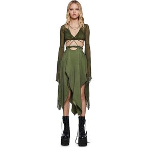 Dolls Kill Echo Asymmetrical Mesh Wrap Dress by Darker WAVS – Semi-Sheer Chiffon and Jersey Dress with Bell Sleeves