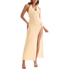 Women Sexy Backless See Through Knitted 3D Embroidery Dresses V-Neck Open Leg Sleeveless Halter Gown in Kuwait