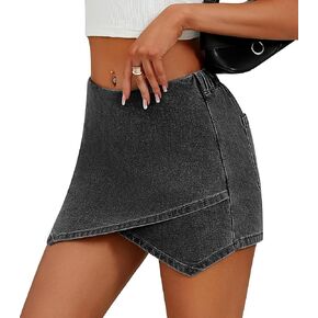 Women's Jean Skorts High Waist Wrap Asymmetrical Hem Mini Shorts Stretchy Trendy Casual Denim Shorts