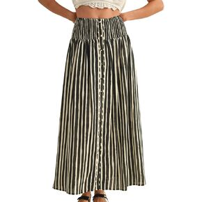 InterNos Womens Striped Maxi Skirt Trendy Front Buttons Elastic Waistband A-Line Boho Long Skirt with Pockets