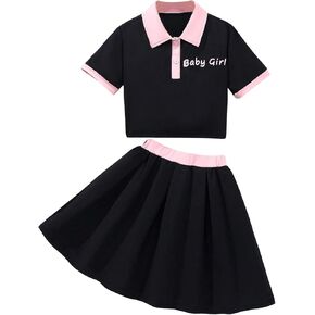 Verdusa Girl's 2 Piece Outfits Color Block Button Collared Crop Tops and Pleated Skirt Set