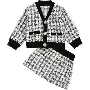 Toddler Girl's Plaid Two Piece Outfits Set V Neck Long Sleeve Cardigan & Mini Skirts