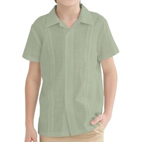 OEBLD Boys Cuban Guayabera Shirt Short Sleeve Button Down Shirts V Neck Cotton Linen Shirts