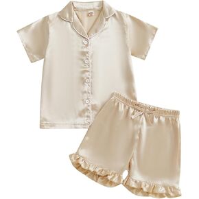 Kuriozud Toddler Baby Girl Boy Satin Pajamas مجموعة الأطفال صيف PJS مجموعة قصيرة الأكمام زر أسفل ملابس النوم الليلية