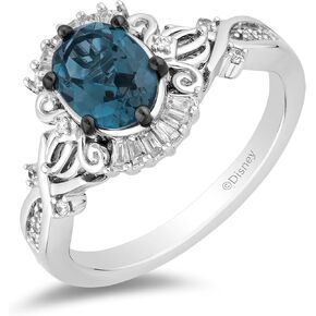Jewelili Enchanted Disney Fine Jewelry Sterling Silver with 1/6 CTTW Diamonds and London Blue Topaz Cinderella Ring