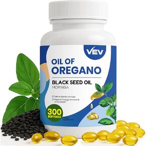 VEV 6000mg Oil of Oregano with Black Seed Oil & Moringa, Aceite de Oregano, Carvacrol-Rich, Organic, Opaque Airtight Packaging, 300 Softgels (Packaging May Vary)