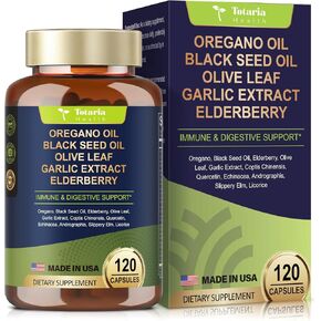Oil of Oregano with Black Seed Oil Capsules High Absorption with Garlic,Olive Leaf,Quercetin,Black Pepper and More Supplement for Women and Men Immune Support Digestive Health 120 Counts