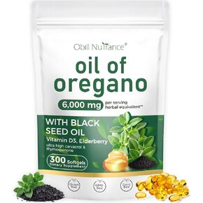 Oil of Oregano, 300 Softgel, 4-in-1 Oil of Oregano with Black Seed Oil, Vitamin D3 & Elderberry, Organic Oregano Oil Capsules, 4X Strength Carvacrol & Thymoquinone, Non-GMO