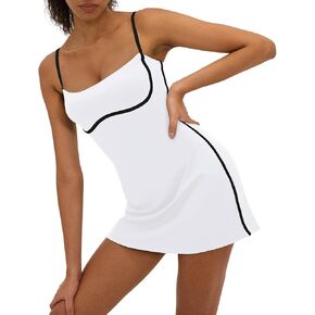 Womens Tennis Dress with Built in Shorts Sleeveless Square Neck Suspender Yoga Dress
