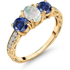 Gem Stone King 18K Yellow Gold Plated Silver Oval Cabochon White Simulated Opal Blue Created Sapphire Women Ring (2.32 Cttw, Available in size 5, 6, 7, 8, 9)