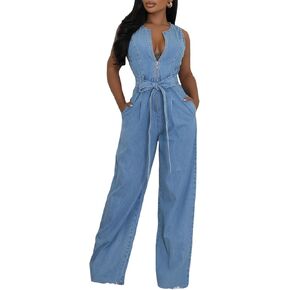 Tbahhir Womens Sleeveless Denim Jumpsuit Bow Tie High Waisted Jumpsuits Wide Leg Romper with Pockets