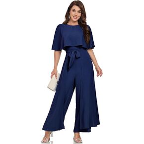 Jumpsuits for Women Dressy Summer Casual One-Piece Outfits Elegant Formal Cape Belted Wide Leg Rompers Evening Pantsuits