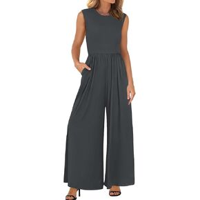 BTFBM Womens Casual Jumpsuits Dressy 2025 Summer One Piece Outfits Crew Neck Sleeveless Knit Wide Leg Pants Romper