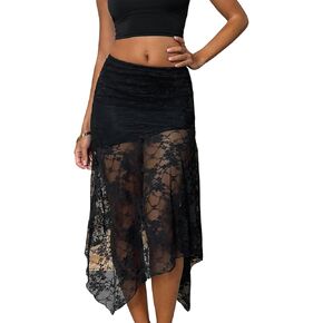 Verdusa Women's Boho Flowy Asymmetrical Sheer Lace High Waist A Line Midi Skirts with Shorts