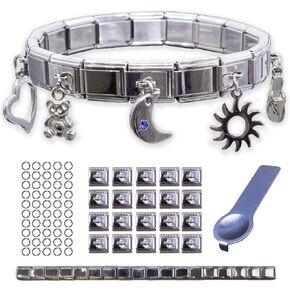 Fablinks Italian Charm Starle Starter Kit ، 9mm 304 Stainsh Stail Tender Bracelets for Women ، Silver Modular Jewelry Pack for Men with tool