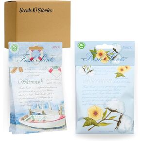 Watermark & White Cotton Sachets 6 Pack Fresh (3 Each) with Scent N Stories Box, Premium Scented Packets for Lasting Freshness in Every Space.