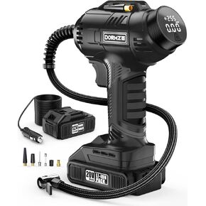 Tire Inflator Portable Air Compressor, 150 PSI Handheld Air Pump for Car Tires with 20V Rechargeable Battery, 12V Car Power Adapter, Digital Display, Ball, Motorcycle, Bike Pump