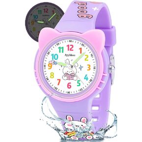 Cat Tenalog Watch for Girls Boys Toddler ، وقت التعلم وسهل القراءة ، و 30 مترًا من ساعات المعصم الكوارتز ، ومراقبة اليد اللطيفة مع حزام ناعم من 5-12 الأرجواني