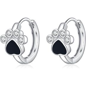 SLUYNZ Sterling Silver CZ Paw Earrings Hoop for Women Teens Cat Dog Paw Print Earrings Small Paw Hoop Earrings Huggie Black Heart Hoop Earrings Love