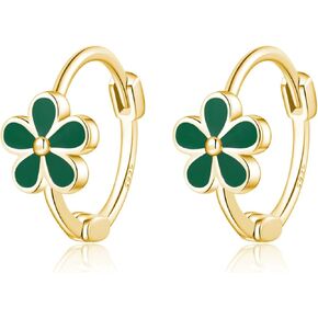 Reffeer Solid 925 Sterling Silver Flower Hoop Earrings Daisy for Women Teen Girls Green Flower Hoop Earrings Huggie