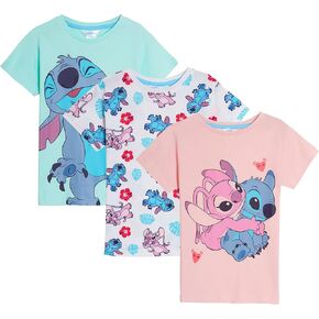 Disney Girls 3 Pack Lilo and Stitch T-Shirts Kids Angel Summer Top Short Sleeve Tees