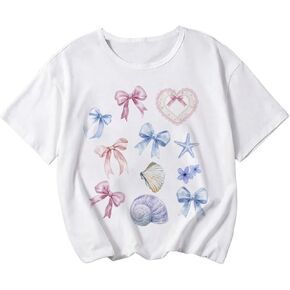 Girl's Bow Graphic Tees Short Sleeve Crew Neck Cute Shirts Slim Fit Summer T Shirts Tops for Teens