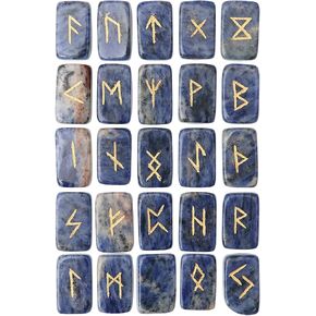 كروكون سوداليت شكل مستطيل الأشجار الأحجار الكريمة مع كبار السن الأبجدية المحفورة 25 pcs رون مجموعة الكريستال شاكرا ريكي الرونية