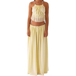 Women Y2k 2 Piece Outfits Lace Tie Up Halter Neck Cami Tops Pleated Maxi Flowy Skirt Summer Beach Vacation Set