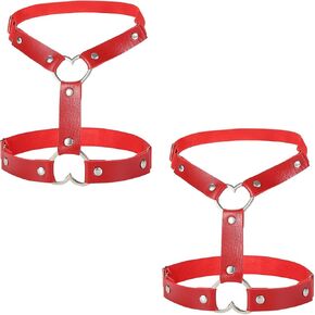FM FM42 Multicolor PU Simulated Leather 2 Rows Heart Ring Adjustable Leg Ring Elastic Garter, Pack of 2 PCs