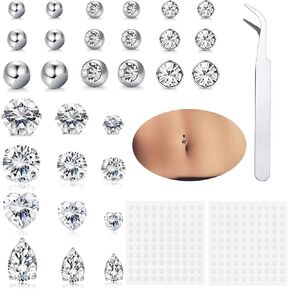 30 PCS زر مزيف زر ثقب للنساء الفضة مكعب الزركونيا فو مقطع حلقة البطن على البطن حلقة مزيفة ثقب غير ثقب ملصق زر البطن كاذبة