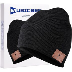 beanie MUSICBEE Bluetooth V5.2 Wireless Knit Winter Cap, 24 Hour Play time, Built-in Microphone and HD Stereo Speakers, Wool Lined for Outdoor Homes and Gifts - Neutral (Charcoal)