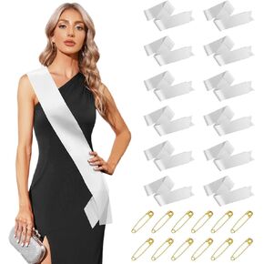 12Pcsk Blank White Satin Sash - DIY Senior Bride Pageant Sashes with Safety Pins, Plain Satin Sash for Pageants,Senior Sash,Custom Sash,DIY Personalized Sash for Birthday Party