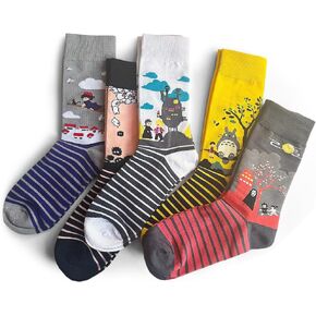 5 Pairs Stripe Colorful Patterned Medium High Top Cotton Crew Socks for Women, Kawaii Cartoon Howl, Kiki, ect