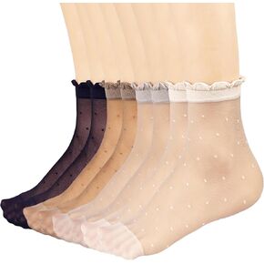 Mcool Mary 12 Pairs Women's Sheer Ruffled Socks Frilly Ankle High Nude Nylon Dot Stocking Summer Ultra Thin Cool Silk Sock