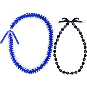 2 Pcs Graduation Leis 2025 Nuts Kukui Beads Necklace Ribbon Hawaiian Necklace for Graduation Celebrate Blue and White