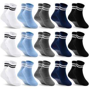 Toddler Non Slip Socks 15 Pairs, Boys Girls Grip Crew Socks for 1-10 Years Kids Anti Skid Socks with Grippers